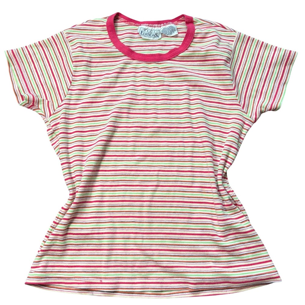 Summer Basic Editions Striped Ringer Tee Pink Orange Green Short Sleeve Small